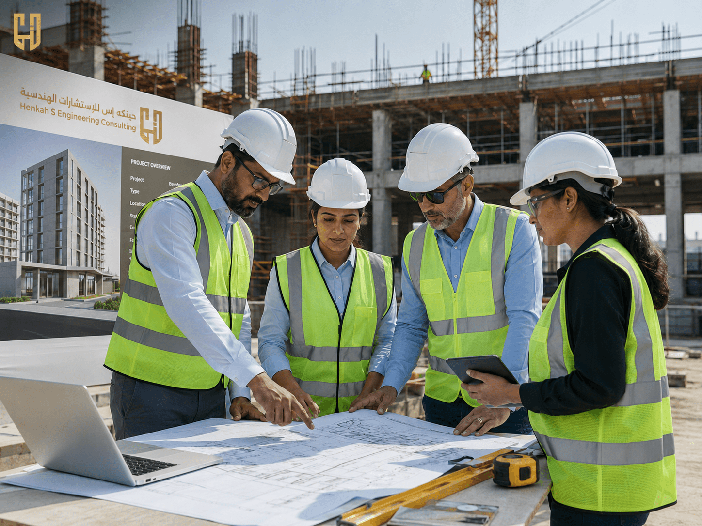 فريق شركة حنيكة إس للاستشارات الهندسية يراجع المخططات في موقع العمل لضمان أعلى معايير الجودة.