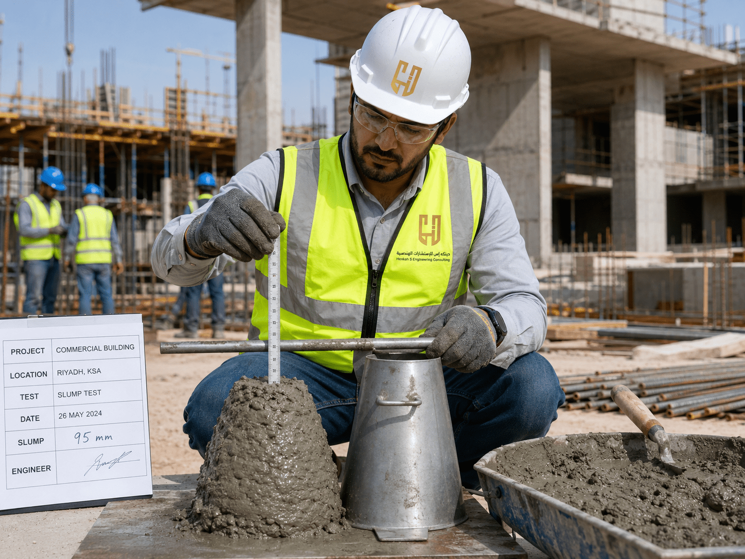 الإشراف الميداني الصارم واختبارات جودة الخرسانة بواسطة فريق حنيكة إس بجدة.