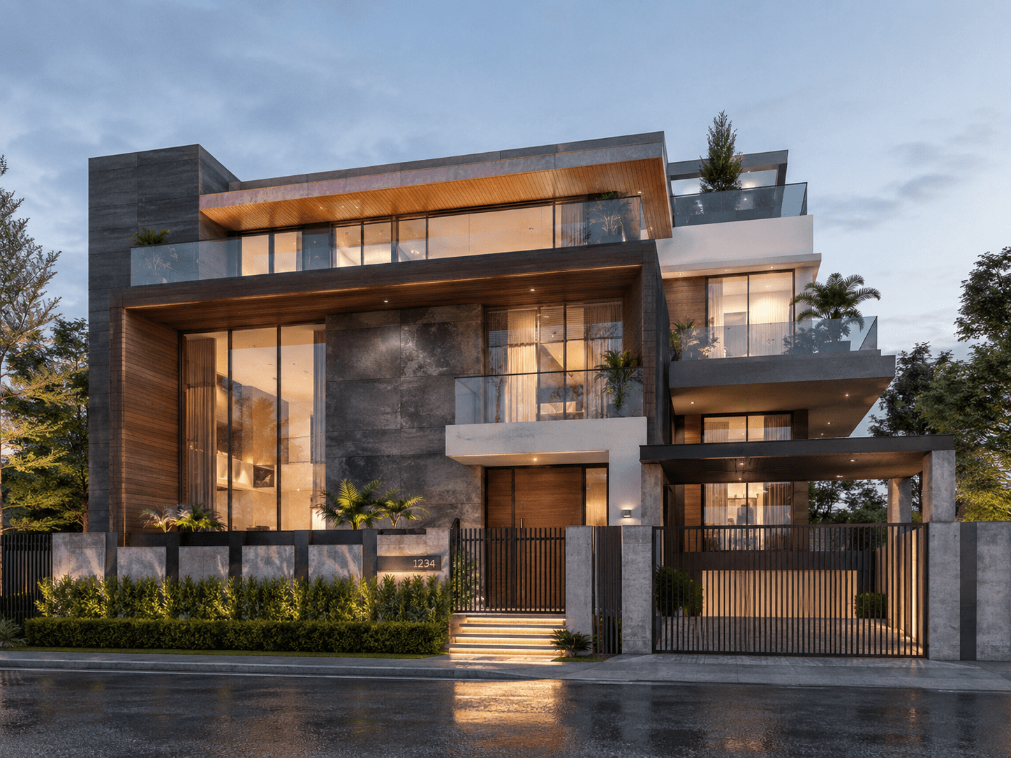 تصميم معماري حديث لواجهة فيلا سكنية ذكية من تنفيذ الاستشارات الهندسية.